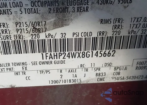 2008 Ford Taurus Sel z USA, uszkodzony, nr VIN 1FAHP24WX8G145662